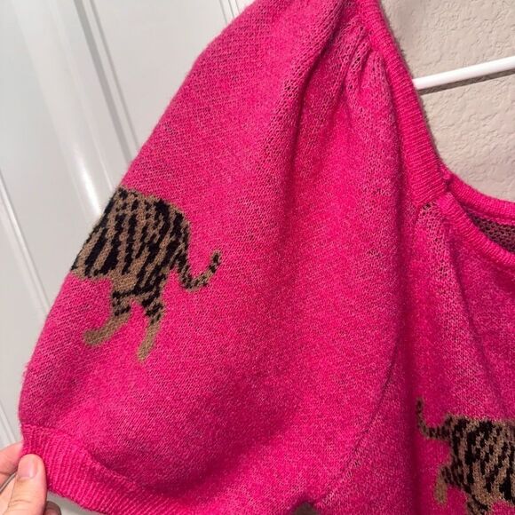 BiBi Hot Pink Tiger Print Puff Sleeve Sweater - Picture 6 of 9